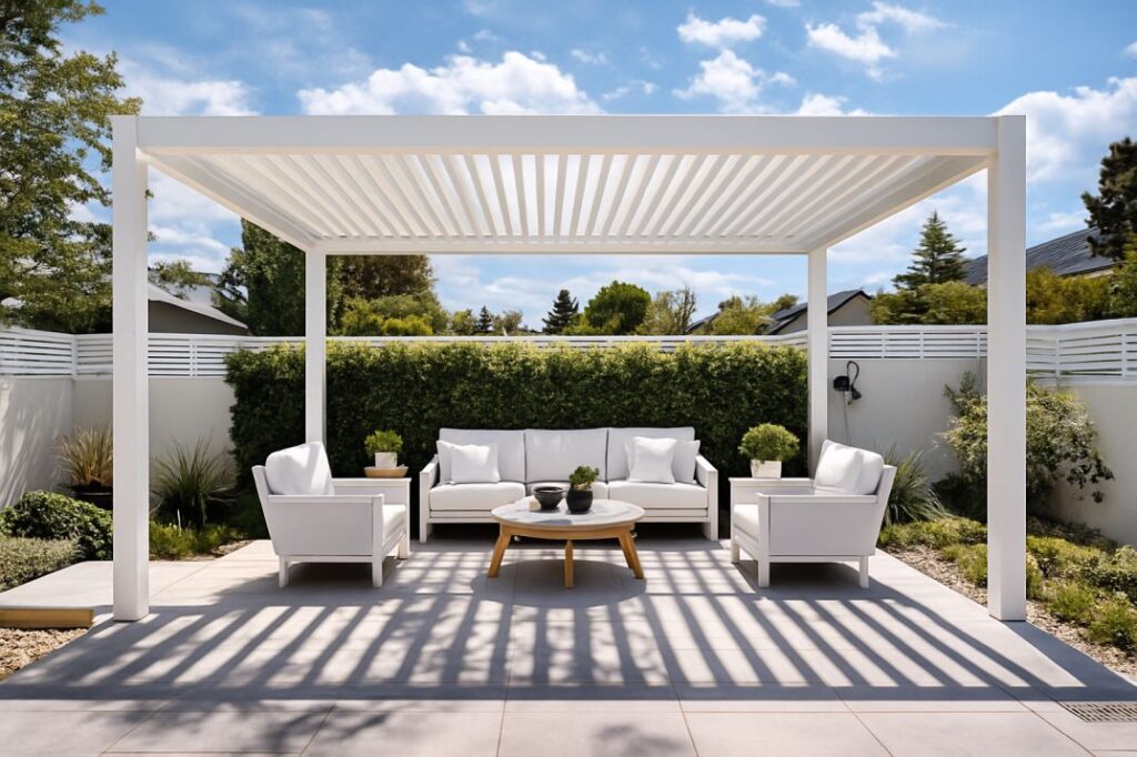 פרגולת אלומיניום בהירה בעלת קווים נקיים יוצרת אזור ישיבה מזמין ומוצל, עם אור טבעי רך החודר בין שלבי ההצללה ומדגיש את הריהוט הבהיר והאווירה המוקפדת של המרחב החיצוני.