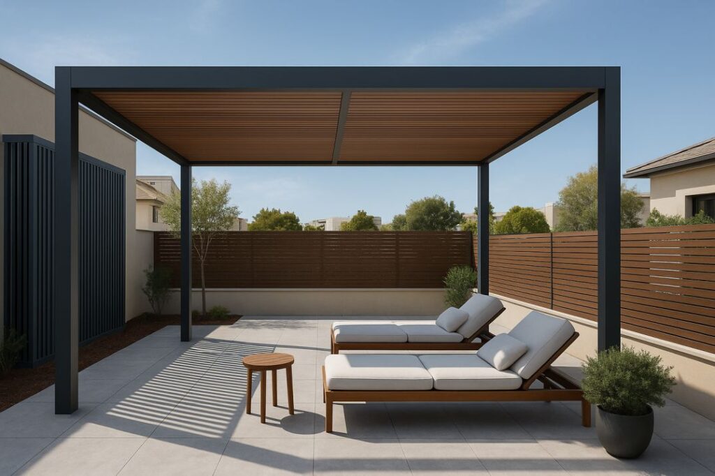 פרגולה רחבה מעל אזור ישיבה יוקרתי לצד בריכה, משלבת קורות עץ טבעיות ועיצוב נקי שמחבר בין חוץ לבית מודרני.