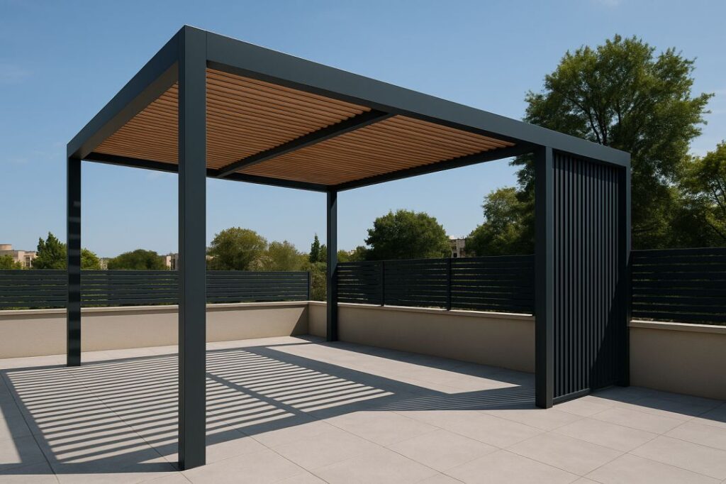 פרגולת אלומיניום מודרנית בצבע כהה עם תקרה דמוי עץ, מותקנת על שביל רחב ופתוח מול נוף טבעי, עם משחקי צל נקיים על הרצפה.