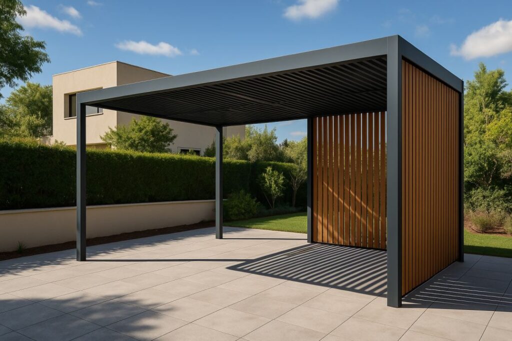 פרגולת אלומיניום עם קירות הצללה אנכיים, מותקנת בחצר ביתית ומדגישה קווים ישרים וניקיון אסתטי.