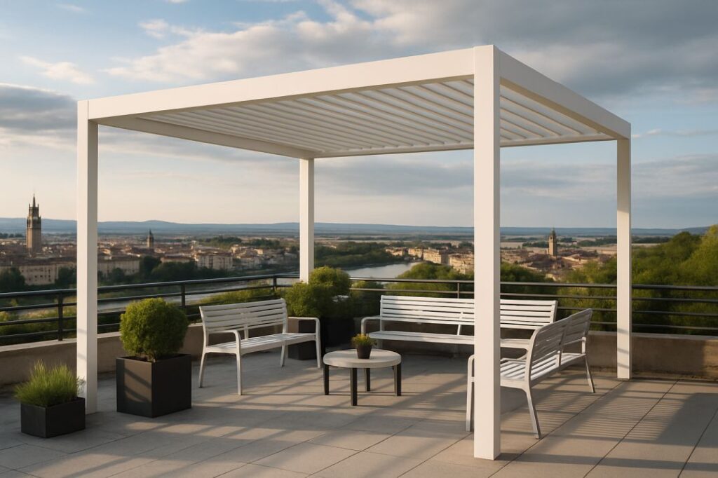 פרגולת אלומיניום בהירה בעיצוב ישר ומינימליסטי, מותקנת מעל מרחב ישיבה או אוכל פתוח ומוסיפה צל נעים ויוקרה נקייה.