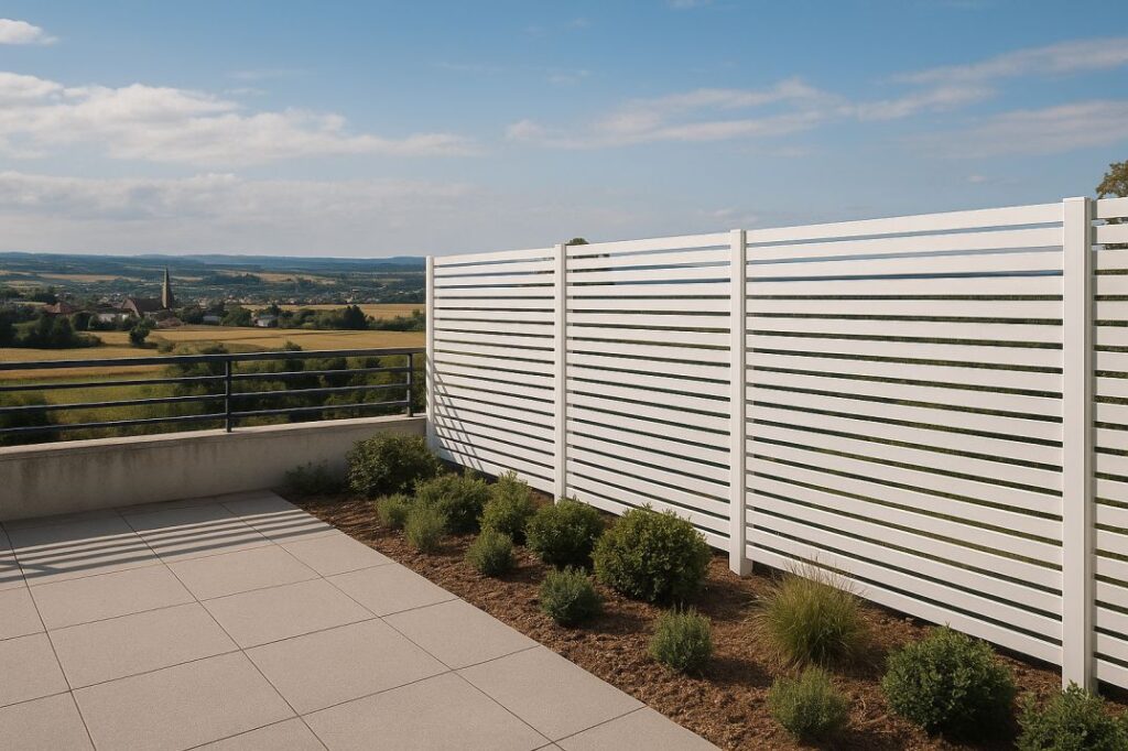 גדר אלומיניום לבנה בסגנון הייטקי, ממוקמת על מרפסת גבוהה עם נוף כפרי פתוח ומדגישה שילוב בין מודרניות לנוף טבעי.